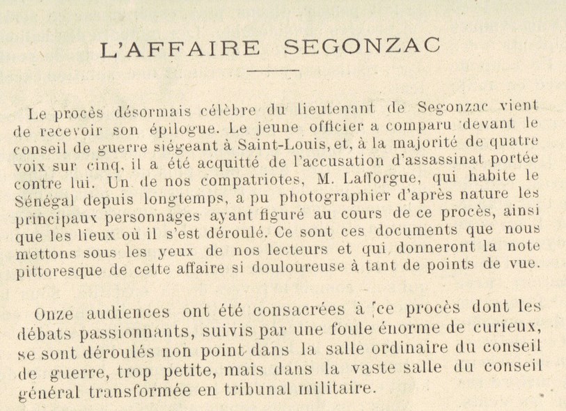 Saint-Louis du Sénégal - Procès de Segonzac (affaire Quiquerez-de Segonzac. 1891-1893)