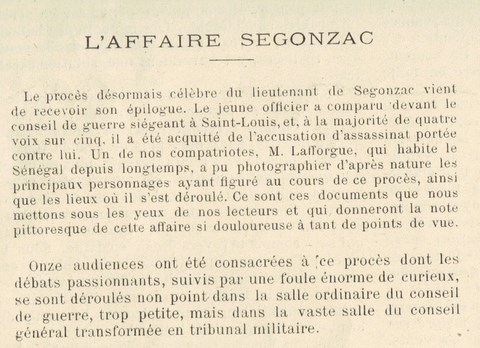 Saint-Louis du Sénégal - Procès de Segonzac (affaire Quiquerez-de Segonzac. 1891-1893)